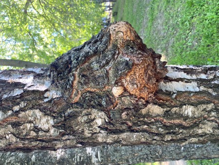 Large growth on trunk of birch tree, close-up. Birch fungus Chaga parasitizes on trunk of tree. Inonotus obliquus commonly known as chaga mushroom.の写真素材