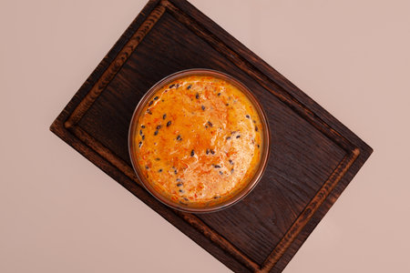 Puree of passion fruit and sea buckthorn berries in glass bowl. Organic antioxidant.の写真素材