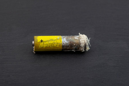 A worn-out electric battery. Oxidized and Leaked electric battery with white powder hydroxide or...