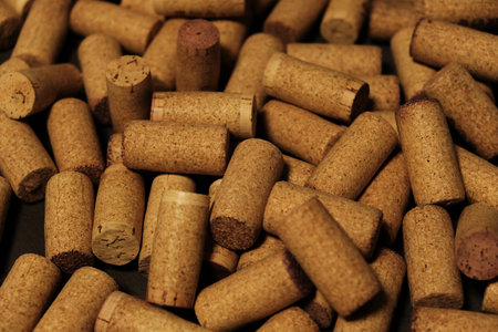 Pile of Wine corks, close-up. Used wine stoppers for recycling. Design element, selective focus.