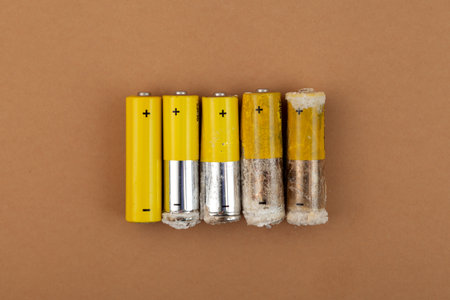 Old used batteries with varying degrees of deterioration and damage. Oxidized and leaked alkaline batteries LR6 type or AA. Problems of electronic waste recycling and separate garbage collection.の写真素材