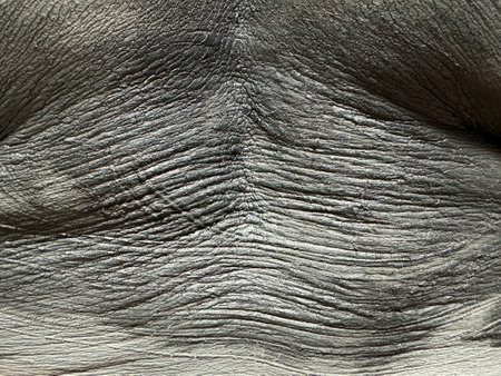 Back of adult man, smeared with black therapeutic mud from salt lake Tambukan, close-up. Application has therapeutic effect on the skin, joints and spine. Alternative medicine.の写真素材