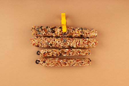 Two types pressed grain sticks for small rodents and birds with a convenient plastic clip for mounting on cage and hook for hanging. Delicious, healthy treat for hamsters, parrots and other pets.の写真素材