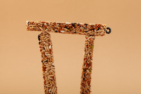 Pressed grain sticks for birds, squirrels, hamsters and other rodents with hook for hanging. Delicious, healthy treat for small rodents and pets. Balanced dry food additive for domestic animals.の写真素材
