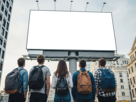 back view of group of students standing in city and looking at blank billboardの素材