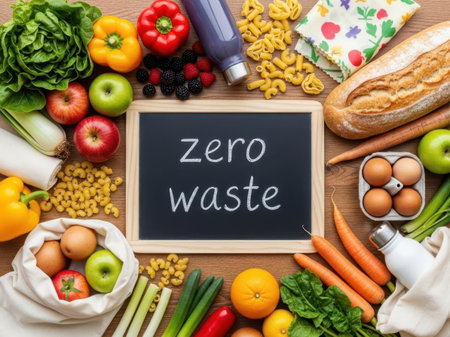 An array of fresh fruits, vegetables, and other food items arranged around a chalkboard that reads 'zero waste'. The display includes apples, oranges, carrots, bread, eggs, spinach, and more, emphasizing sustainable and eco-friendly practices.の素材