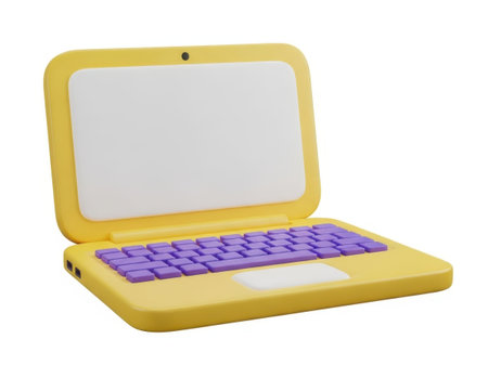 This image features a bright yellow children's laptop with a purple keyboard. The laptop is open, displaying a blank screen and a trackpad below the keyboard. The device appears to be designed for educational purposes and is likely aimed at young children.の素材