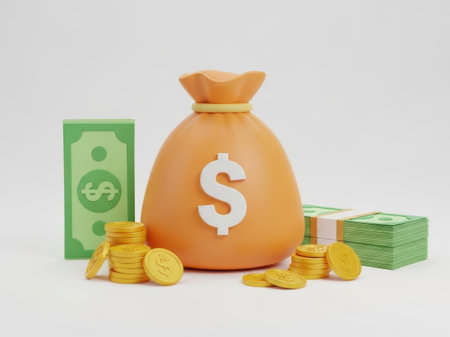 This image features a large orange money bag prominently displaying a dollar sign. Surrounding the bag are stacks of green banknotes and numerous gold coins. The scene is set against a plain white background, emphasizing the wealth and abundance symbolized by the money.の素材