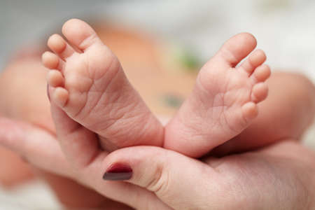 mother hold feets of newborn babyの写真素材