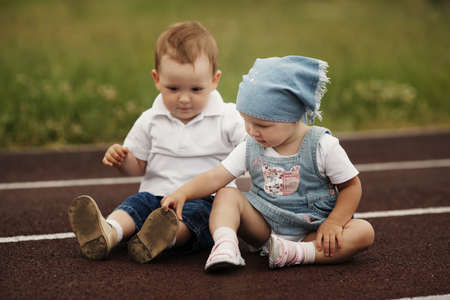 little happy boy and girlの写真素材