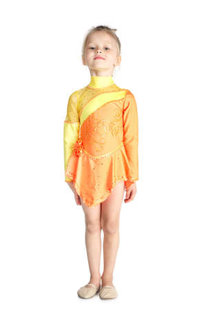 Little gymnast girl isolated on white backgroundの写真素材