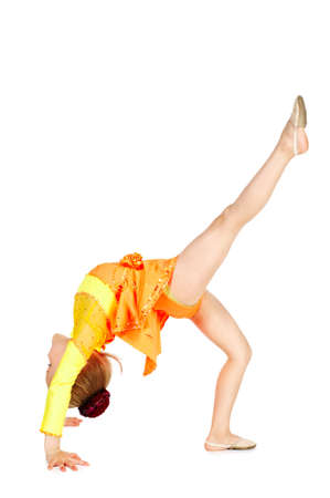 Little gymnast girl isolated on white backgroundの写真素材