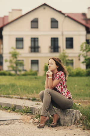 beautiful blond girl urban portraitの写真素材