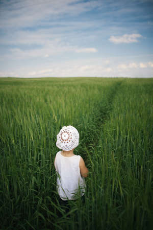 happy little girl in high grassの写真素材