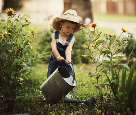 cute little boy watering flowers watering canの写真素材