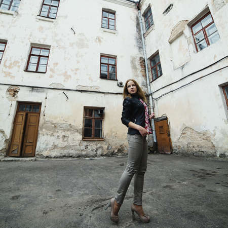 beautiful blond girl street portraitの写真素材