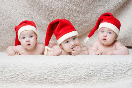 babies with santa hats on bright backgroundの写真素材