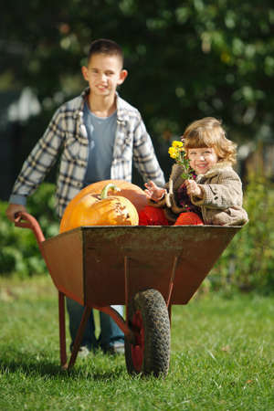 funny girl and boy with pumpkins in the gardenの写真素材