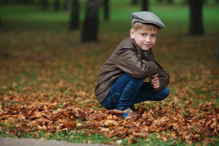 little funny boy in autumn leaves outdoor portraitの写真素材