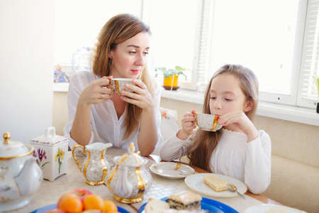 happy family has breakfast in the morningの写真素材