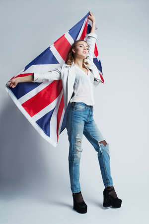 beautiful girl with the flag of Britainの写真素材