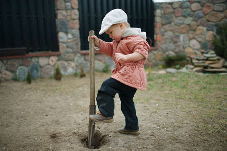 little boy digging a hole in the yardの写真素材