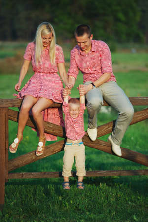 photo of happy family in country styleの写真素材