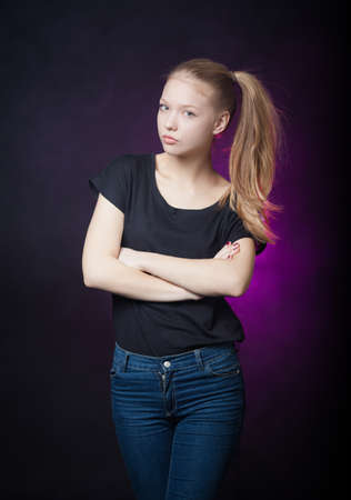 very beautiful blond teen girl with long hairの写真素材