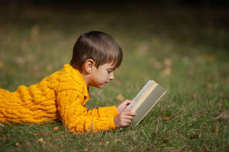 little boy reading book lying on the grassの写真素材