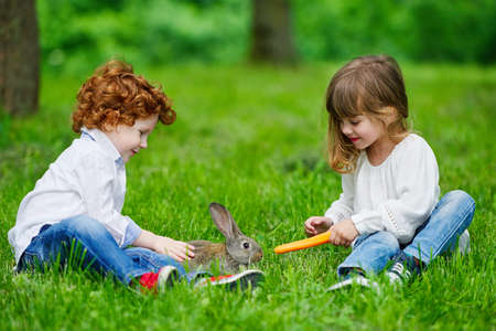 photo of little boy and girl playing with rabbitの写真素材