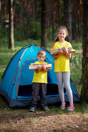 photo of happy children hiking in the forestの写真素材