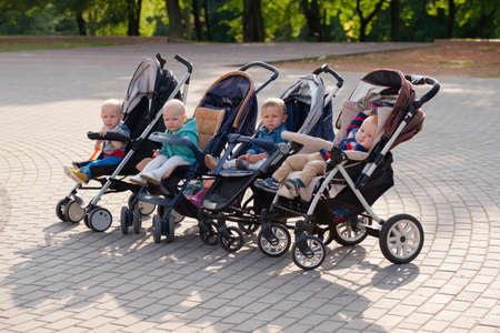 photo of funny children sitting in strollers in park