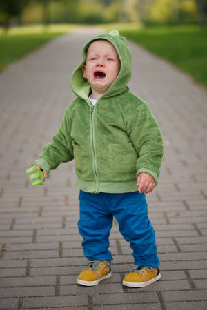 cute little unhappy boy with dinosaur costumeの写真素材