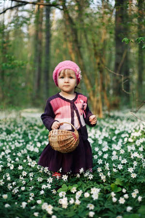 beautiful little girl in forest on flowers fieldの写真素材