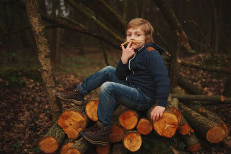 little sweet lumberjack in autumn forestの写真素材
