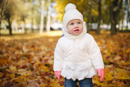 happy little girl in autumn parkの写真素材