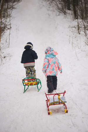 little cute girl and boy with sledの写真素材