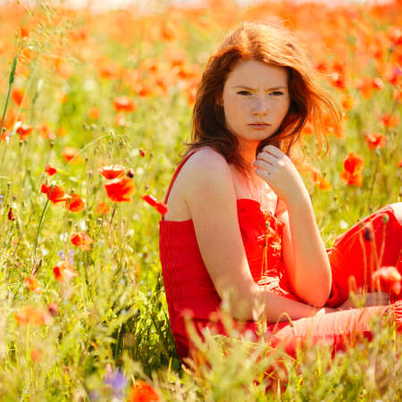 beautiful girl in poppy fieldの写真素材