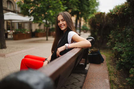 portrait of beautiful brunette with long hairの写真素材