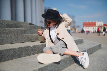 little girl portrait on the streetの写真素材
