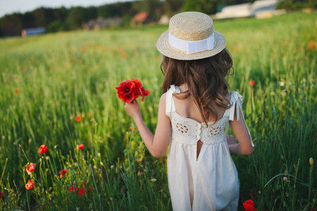 cute little girl in meadow with red poppiesの写真素材