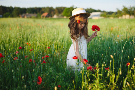 cute little girl in meadow with red poppiesの写真素材