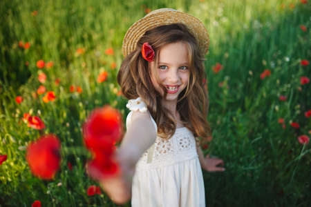 cute little girl in meadow with red poppiesの写真素材