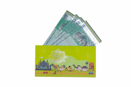 KUALA LUMPUR, MALAYSIA - APRIL 8, 2019 : Money Packet or Sampul Raya with Ringgit Malaysia Notes for...