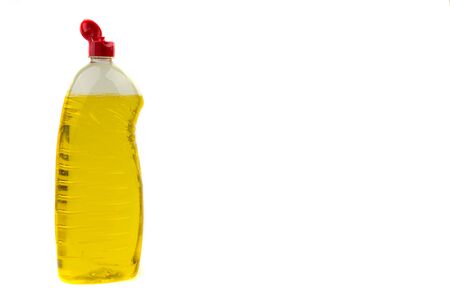 Dishwashing liquid detergent or soap in plastic bottle isolated on white background. Selective focus and copy space conceptの写真素材