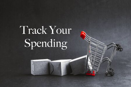 TRACK YOUR SPENDING text with shopping cart on dark background. Business, Copy space and online shopping concept. Selective focusの写真素材