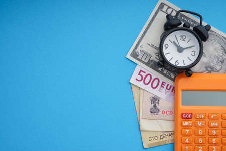 Flat lay of business with office stationary concept on blue background. Business and Copy Space conceptの写真素材
