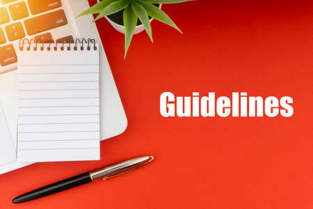 GUIDELINES text with notepad, laptop, fountain pen and decorative plant on red background. Business and Copy Space Conceptの写真素材