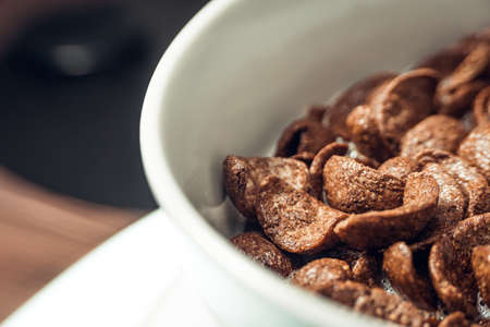 Closeup of Chocolate cereal with selective focus. Shallow depth field. Healthy food conceptの写真素材