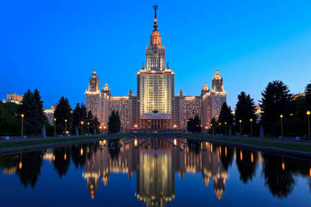  Lomonosov Moscow State University, Main Building at night. Russiaのeditorial素材